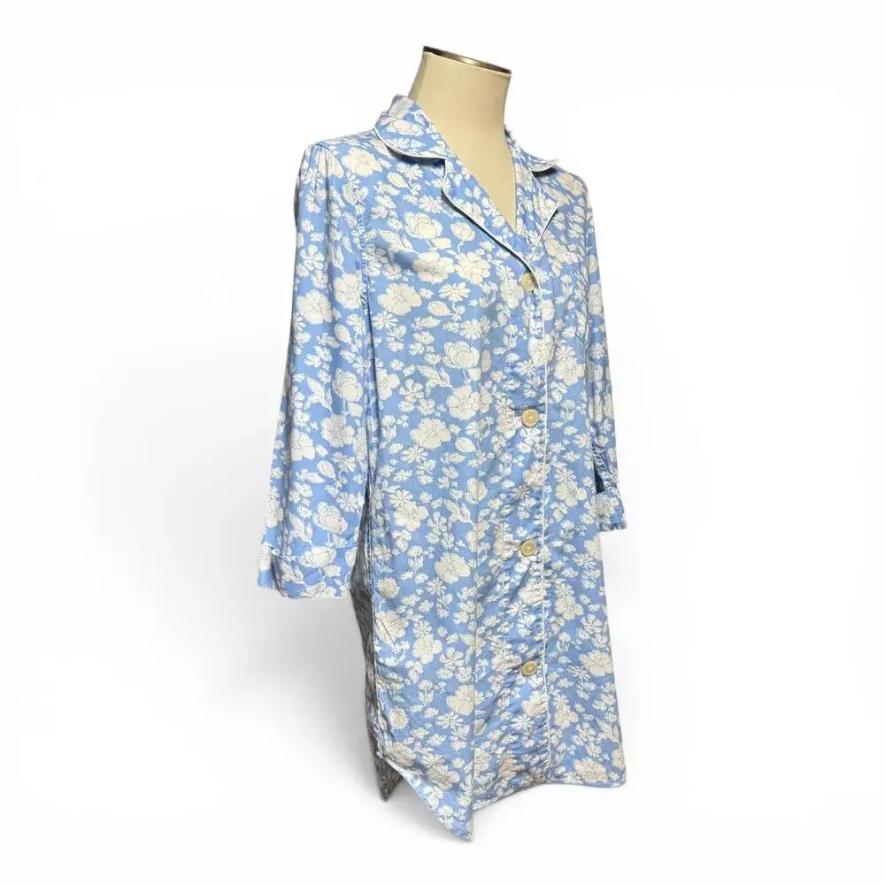 Lauren Ralph Lauren Cotton Button Up Night Shirt Sleep Blue White Floral Medium